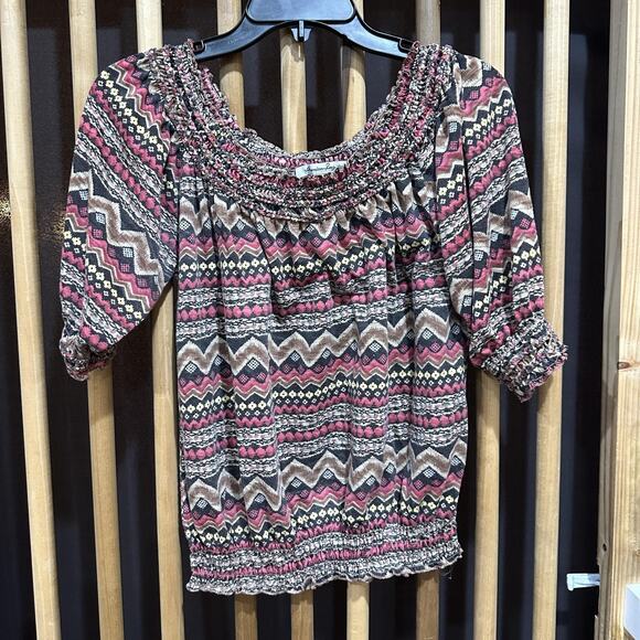 American Rag Shirt Womens Small Pink Brown Boho Peasant Top Smocked Aztec Print - Picture 1 of 7